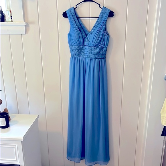 DAVIDS BRIDAL Blue Grecian Sleeveless V Neck Embroidered Midi Prom Dress 4 NWOT - Picture 2 of 12